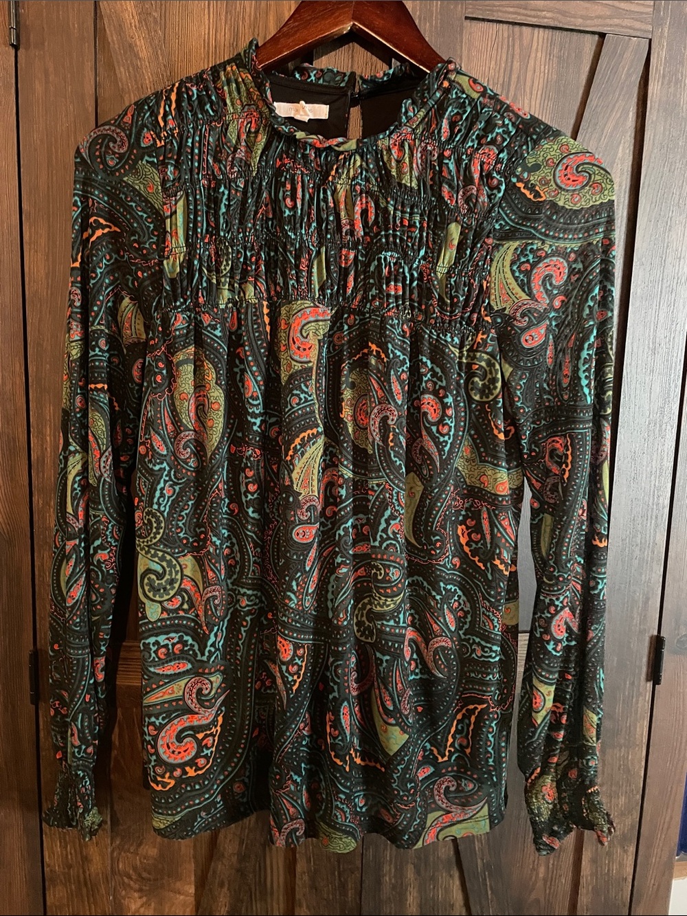 Maurices Black Paisley Smocked Neck Long-Sleeve Top with Green & Teal Accents